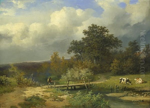 Idyllische Sommerlandschaft Mit Wanderer Und Zwei Kuhen - view 1