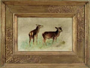 Rotwild Auf Der Wiese by Francois Auguste Ortmans