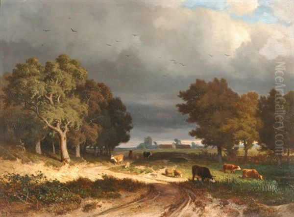 Gewitterlandschaft Mit Weidenden Kuhen Und Schafen - view 1