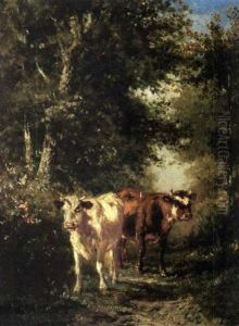 Zwei Kuhe Auf Einem Waldweg by Francois Auguste Ortmans