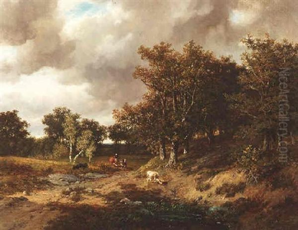 Vor Dem Gewitter. Sommerliche Waldlandschaft Mit Hirten Und Vieh - view 1