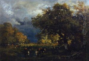 Vaches A La Mare Dans La Foret De Fontainebleau by Francois Auguste Ortmans