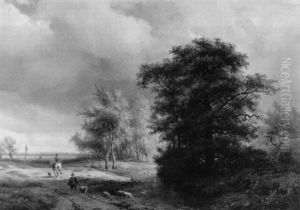 Weitlaufige Sommerlandschaft Mit Schafhirte Und Reisenden An Einer Furt
