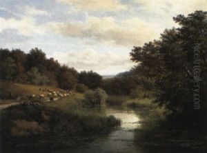 A Shepherd With Goat And Sheep On A Path Beside A River by Francois Auguste Ortmans