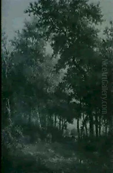 Figure And Cattle By A Pool In A Wooded Landscape - view 1