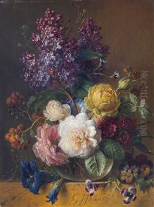A Still Life Of Roses, Lilacs, Sweet William And Other Flowers In A Vase On A Marble Ledge by Georgius van Os