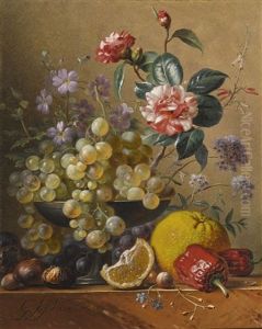 Still Life With A Camelia Spray, Cornflowers And Grapes In A Silver Bowl, With Nuts, An Orange And Red Peppers, All On A Marble Ledge by Georgius van Os