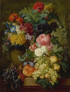 Elaborate Still Life Of Flowers And Fruit Resting On A Stone Ledge, A Wooded Landscape Beyond by Georgius van Os
