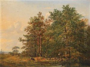 Herd Of Animals And Shepherd By A Woodland Pond