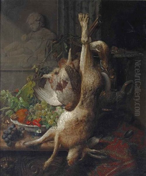 Grapes, A Walnut And An Orange In A Porcelain Bowl, With Game On A Partially Draped Marble Table - view 1