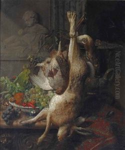 Grapes, A Walnut And An Orange In A Porcelain Bowl, With Game On A Partially Draped Marble Table by Georgius van Os