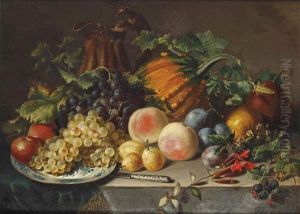 An Abundant Fruit Still Life With Grapes, Apples, Peaches, Prunes And A Pumpkin by Georgius van Os