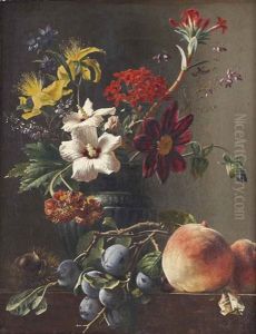 Bellflowers, Dahlias, Hypericum And Other Flowers In A Vase, With A Chestnut, Prunes And Peaches On A Ledge