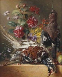 Morning Glory, Peonies, Narcissi, Rosebuds And Other Flowers With Game On A Ledge