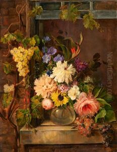 Groses Stillleben Mit Sommerblumen Und Weintrauben
