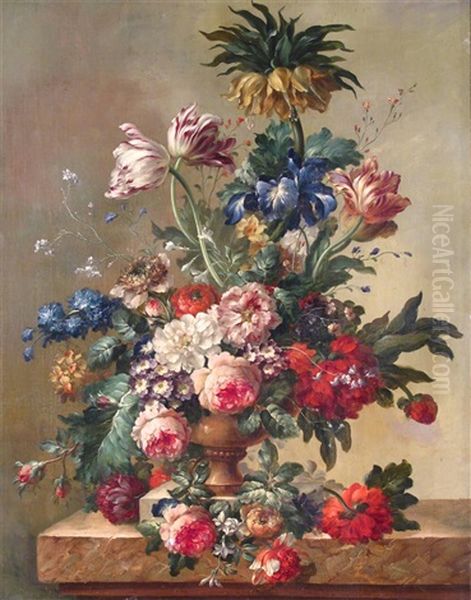 Still Life Of Flowers In An Urn On A Ledge - view 1