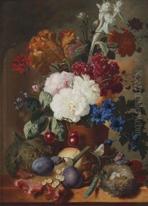 An Exuberant Flower Still Life With Roses, An Orange And Red Velvet Flower And Various Other Flowers In A Vase, Cherries, Plumps, Butterflies And A Nest With Eggs, All On A Marble Ledge by Georgius van Os