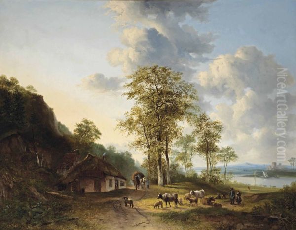 An Extensive River Landscape With Farmers And Cattle - view 1