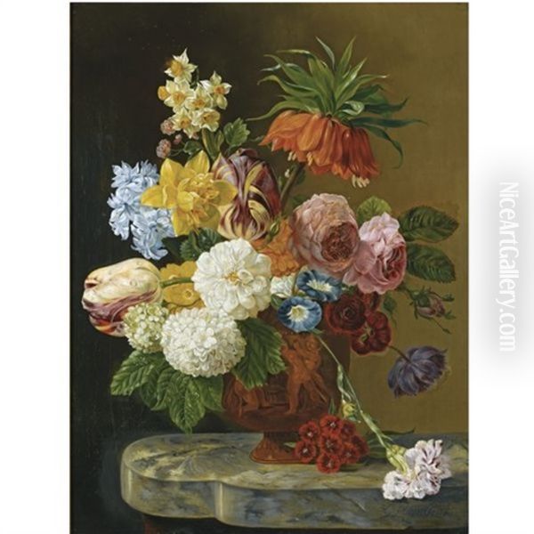 A Still Life With Roses, Peonies, Tulips, Daffodils, Carnations And Other Flowers In A Vase - view 1