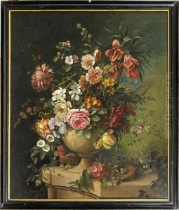 An Urn Of Summer Flowers With A Bird's Nest, Upon A Stone Ledge