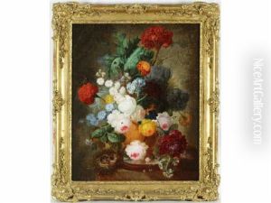 Nature Morte Au Bouquet De Fleurs, Oisillons, Papillon Et Insectes Sur Un Entablement