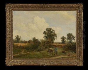 A Pastoral Landscape With A Herder, Donkey And Sheep Grazing, A Woman And Child Working The Fields Beyond by Georgius van Os