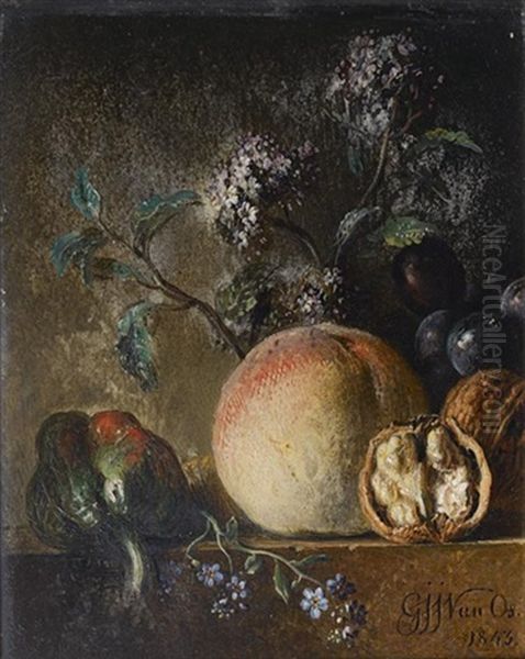 Nature Morte Aux Poivrons, Peches Et Noix Sur Un Entablement - view 1