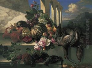 Stilleben Mit Fruchten, Erlegtem Wild Und Landschaft by Georgius van Os