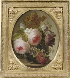 Pink Roses, Jasmine, A Tulip And Other Flowers In A Glass Vase On A Ledge