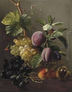 Grapes, Prunes, Peaches And A Chessnut On A Ledge