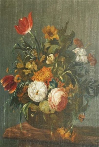 Still Life With Roses, Carnations, Tulips And Other Flowers On A Ledge - view 1