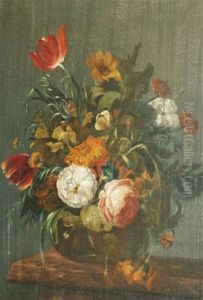Still Life With Roses, Carnations, Tulips And Other Flowers On A Ledge