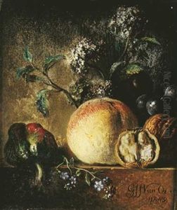 Nature Morte Aux Poivron, Peche Et Noix Sur Un Entablement