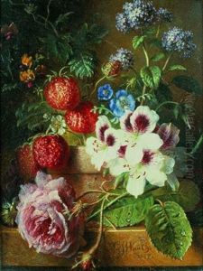 Nature Morte De Fleurs Et De Fraises Sur Un Entablement De Marbre