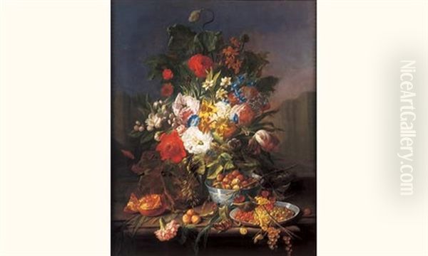 Nature Morte Aux Vases De Fleurs, Nid D'oiseaux Et Fruits Dans Des Coupes En Porcelaine De Chine - view 1