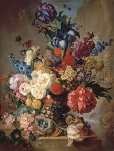 Roses, Peonies, Irises, Hollyhocks, Narcissi, Blazing Star, Primulas, Marigolds And Other Flowers With A Five-spot Burnet Moth In A Vase With A River God Carved In Relief On A Plinth by Georgius van Os