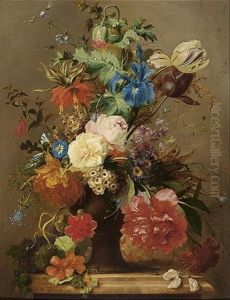 Flowers In An Earthenware Vase, With An Imperial Crown And An Opium Poppy In Top