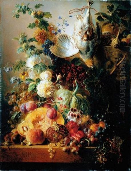 A Still Life Of Fruit Including Melons, Grapes, A Pomegranate, Plums And Peaches, Together With Nuts, Red Peppers, Flowers, A Snipe And A Partridge, All Upon A Ledge - view 1