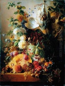 A Still Life Of Fruit Including Melons, Grapes, A Pomegranate, Plums And Peaches, Together With Nuts, Red Peppers, Flowers, A Snipe And A Partridge, All Upon A Ledge