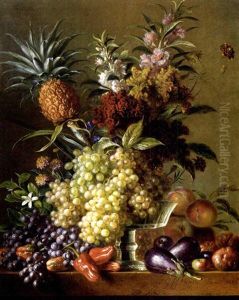 Fruits, Vegetables And Flowers On A Ledge by Georgius van Os