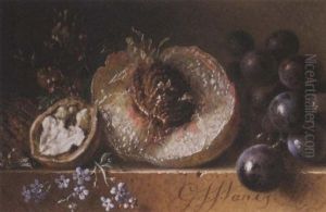 A Partridge, Prunes, Grapes, Walnuts And Flowers On A Ledge by Georgius van Os