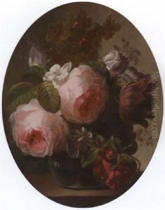 Roses, Jasmine, A Tulip And Other Flowers In A Glass Vase On A Ledge