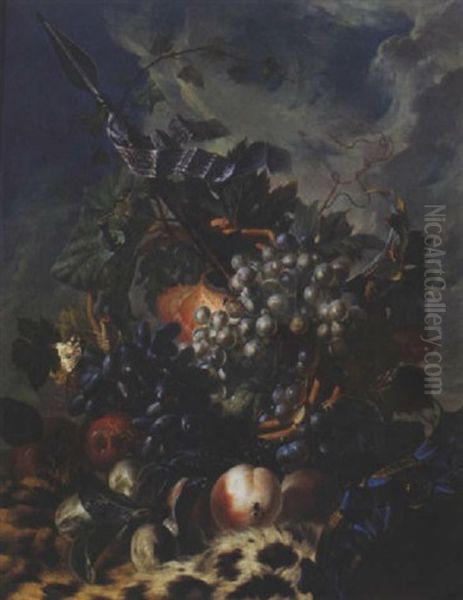 Nature Morte De Raisins, Peches Et Prunes Pres D'un Tambourin Disposes Sur Une Peau De Panthere - view 1