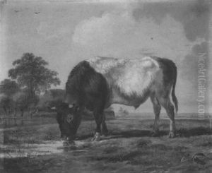 Zuchtbulle Auf Der Weide, Im Hintergrund Angler An Einem Fischteich by Georgius van Os