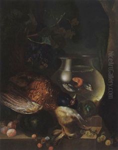 A Still Life Of A Fish Bowl, A Pheasant, A Hare And Fruits