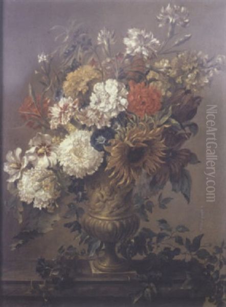 Flowers In An Urn With A Sculpted Relief Of Putti, On A Stone Ledge - view 1