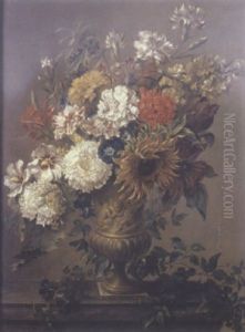 Flowers In An Urn With A Sculpted Relief Of Putti, On A Stone Ledge