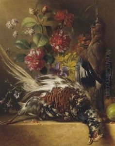 Dead Game, Morning Glory, Peonies, Narcissi, Roses And Other Flowers With Fruit And Nuts On A Ledge