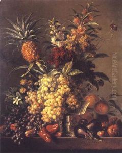 Still Life With Mixed Fruit, Flowers, Vegetables And A Glass Dish On A Marble Ledge by Georgius van Os