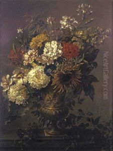 Still Life Of Mixed Flowers In An Urn, On A Ledge